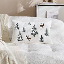 1 pieza Funda de almohada decorativa bordada con reno y árbol de Navidad, adecuada para decoración interior, funda de almohada navideña, sin incluir el relleno de la almohada