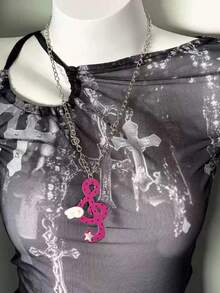 1pc Polka Dot Music Note Necklace, Fuchsia/Black/Purple Music Note Necklace, Unique Music Note Necklace, Handmade Retro Music Note Necklace For Girls, Indie Sweet Sweater Chain Single Wing Angel Subculture Choker, Holiday Gift Necklace, Suitable For Party/Casual Wear And Events
