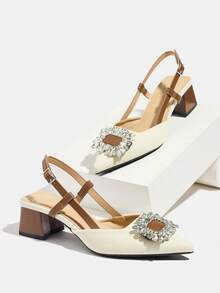 Zapatos de tacón alto con hebilla cuadrada de strass, puntera puntiaguda y correa de tobillo, elegantes y cómodos para uso casual, citas, al aire libre, fiestas, bodas y regalos de cumpleaños, en color marrón