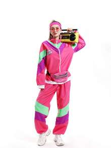 2pcs/Set Retro 80s Disco Hip Hop Tracksuit Jacket And Pants Set, Adult Unisex, Dance Costume - Multicolor - View 2