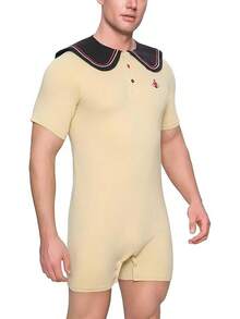 Men's Cotton  Sailor Collar Bodysuit Short Sleeve Print Romper Pajama - Captainhalloween - Brown - View 6