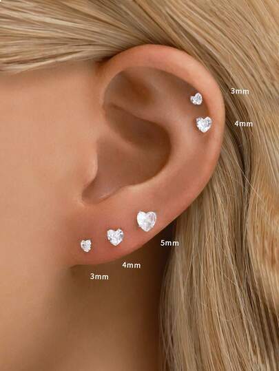 Pure Silver Heart Stud Earrings Set | Hypoallergenic White Gold Plated Earrings | Unisex Cubic Zirconia Earrings | 4 Sizes Available (3mm, 4mm, 5mm, 6mm)