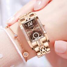 1 pieza Reloj de pulsera de cuarzo para mujeres con banda de acero inoxidable marrón, esfera cuadrada brillante y detalles, adecuado para el transporte diario y decoración, LA306