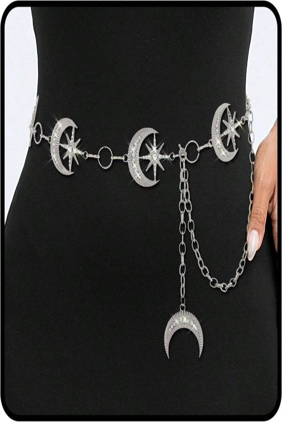 ELABEST Rhinestone Moon Chain Belt Sparkly Star Waist Chain Adjustable Body Jewley For Women Dress Belt Accessory - MàuG - Xem 1