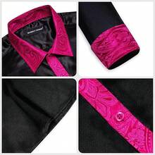 Mens Satin Silk Shirts Long Sleeve Designer Dress Shirt Shiny Untucked Casual Button Down Shirt Party Disco Formalhalloween - 緞面黑色和亮粉色 - 查看 11
