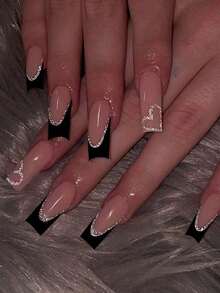 24Pcs Medium Square French Tip Press On Nails Medium Heart Pattern With Glitter Fit Perfectly Acrylic False Nails Set,Contain 1Pc Jelly Glue And 1Pc Nail File,Easy To Wear Acrylic Fake Nails Art French Tip Nail For Woman Girl Daily Work Festivals Party Use Nail Supplies Nails - 黑色 - 查看 2