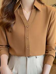 Women's Casual & Commuting Solid Color Long Sleeve Shirt, Simple & Versatile, Spring/Autumn - Brown - View 2