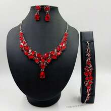4PC Fashion Bride Fashion Heavy Craft Luxury Banquet Party Daily Elegant Women's Earrings Necklace Bracelet Set Exquisite Jewelry Set - 10-2275大紅 - 查看 11