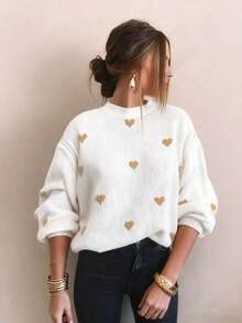 Autumn And Winter Women's Valentine's Day Cute Casual Heart-Patterned Loose-Fit Fashionable Sweater With Round Neck And Long Sleeves, Basic Sweater, Business Casual Women's Clothing, Autumn Top, Autumn Sweater, Women's Winter Clothing, Women's Autumn And Winter Clothing, Autumn Clothing