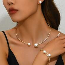 Minimalist Clavicle Chain Necklace, Earrings, Bracelet Jewelry Set For Women, Fully Paved With Pearls Open Choker