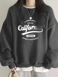 女士休闲宽松卡通字母印花圆领运动衫，百搭秋冬 - 深灰色 - 查看 2