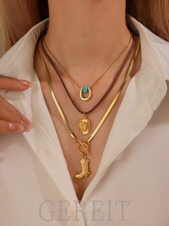 GEREIT Set de 3 piezas de collar con colgante de sombrero de vaquero, bota de vaquero y herradura de turquesa de acero inoxidable chapado en oro de 18K, adecuado para mujeres