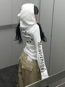 YCYC Korean Avant-Garde Letter Print Hooded Women's Versatile Half-Button Long Sleeve Top - White - View 3