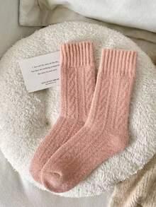 4双装女士羊毛混纺中筒袜，加厚保暖内衬，可爱甜美粉色设计，适合秋冬季穿着 - 彩色 - 查看 3