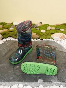 1双时尚儿童花卉恐龙图案雨靴，男女童轻便防滑橡胶鞋，带提手，耐用防水雨靴，适合户外、雨天和沙滩玩耍 - 黑色 - 查看 3