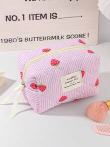 Strawberry Pattern Cosmetic Bag Large Capacity Make Up Bag Fashionable Strawberry Striped Makeup Bag Cute Quilted Floral Cosmetic Pouch Toiletry Bag - Multicolor - View 13