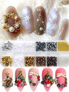 1 Box Autumn And Winter Color Nail Charm Brown White Gold Mixed Sizes Pearl Bead Mixed Steel Beads 3D Nail Gems Kawaii Cute Christmas Nail Art Decoration Nail Salon Accessories Nail Supplies DIY