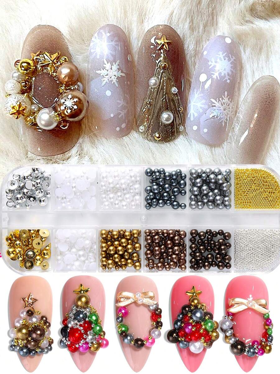 1 Box Autumn And Winter Color Nail Charm Brown White Gold Mixed Sizes Pearl Bead Mixed Steel Beads 3D Nail Gems Kawaii Cute Christmas Nail Art Decoration Nail Salon Accessories Nail Supplies DIY