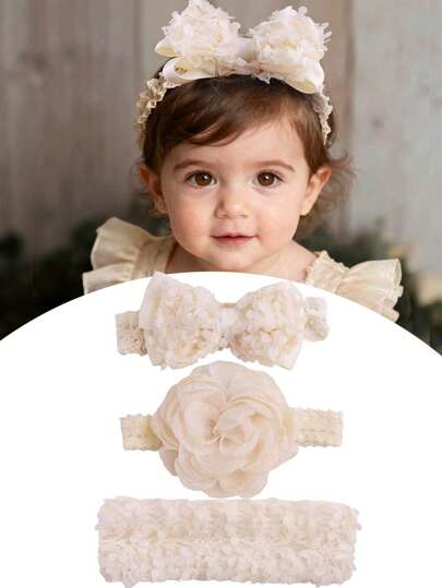 3pcs Beige Cute Lace Bow & Floral Decor Sweet Baby Headbands