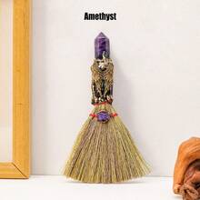 1PC Crystal Magic Broom Natural Amethyst Point Craft Witch Broomstick Divination Energy Reiki Healing Home Decoration Gift 4th Of July Women Fathers Dad Gift