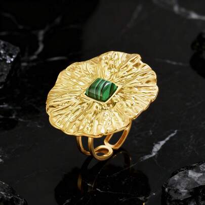 Vintage Royal Style Geometric Red And White Stone Ring With Black Stones, Irregular Pleated Flower Design, Stainless Steel, Golden-Colored, Adjustable Open Ring With Green Stone