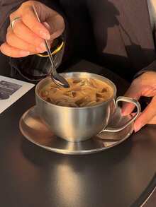 1pc Retro American Style 304 Stainless Steel Coffee Cup & Saucer Set, European Industrial Metal Cup For Latte, Afternoon Tea