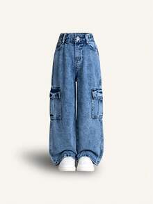 Jeans cargo de pierna ancha con lavado claro, estilo callejero para niña, con múltiples bolsillos, cintura elástica, corte holgado, adecuado para todas las estaciones - Lavado ligero - Ver 16