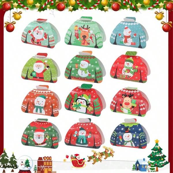 Juego de 24 cajas de regalo con diseño de renos - Contenedores de regalo de papel para inauguración de casa, aniversario y celebraciones festivas - Regalos temáticos de suéter feo navideño, Papá Noel, muñeco de nieve para fiestas de invierno, Navidad, decoración de Año Nuevo