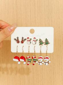 6 أزواج من أقراط عيد الميلاد بتصاميم بابا نويل، ثلج، قصب السكر، رنة، وقبعة عيد الميلاد للنساء