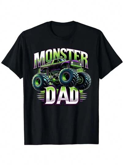 Monster Truck Dad Father'S Day Gift T-Shirt - Bold Monster Truck Graphic Tee With Neon Green Wheels - Heavy-Duty Truck Design - Soft Breathable Shirt For Truck Lover Dads - Sizes S-XXL (Machine Washable) - Birthday/Father'S Day Present For Truck Enthusiasts, Casual Wear, Eyecatching Print, Comfortable Fit, Short Sleeve Top