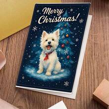 1 pièce Carte de vœux de Noël Westie - Un chien Westie avec un sapin de Noël, des flocons de neige et un nœud rouge sur un fond bleu marine d'hiver enneigé - Cadeau de vacances pour les amateurs d'animaux de compagnie - Conception mignonne de West Highland Terrier blanc - Parfait pour les propriétaires de Westie - Carte de vœux festive pour les amis et la famille - Illustration thématique de la saison hivernale confortable - Cadeau de Noël idéal pour les amateurs de chiens, également adapté comme carte de Noël amusante ou carte postale