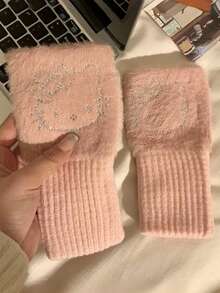 Sanrio 1 Pair Hello Kitty Plush Rhinestone Gloves, Thick & Warm For Winter, Cute Cartoon Design For Women, Flexible & Convenient, Suitable For Autumn/Winter - Multicolor - View 14