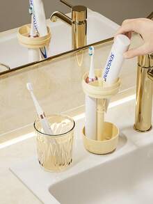 Multi-Function Plastic Toothbrush And Rinse Cup Holder Set - Freestanding, Non-Electric, Dust-Proof Bathroom Storage Rack With Adjustable Holder And Inverted Cup Design, Suitable For Home And Dorm Use