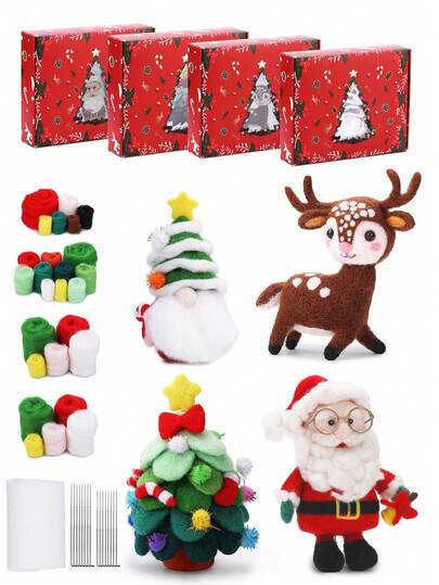 1 Set Christmas Needle Felting Kit, Beginners Wool Felting Kit Adult, Christmas Deer, Christmas Tree,Complete Needles Felting Tools And Supplies With Wool Roving, Felting Needles, Pad, Instruction