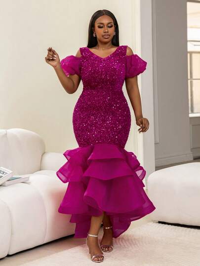 Faeriesty 别致时尚亮片露肩泡泡袖美人鱼礼服 | 修身胸衣饰以闪亮亮片 | 层叠荷叶边欧根纱裙摆 | 适合婚礼、红毯活动、正式晚宴、慈善活动，以及情人节和各种派对。