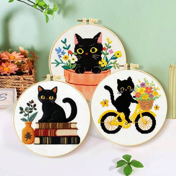 1 Set Cat Theme Cross Stitch Kit, 11CT Cloth, 3-Strand Floss, Embroidery Frame, Full Tools Included, DIY Home Decor Healing Gift