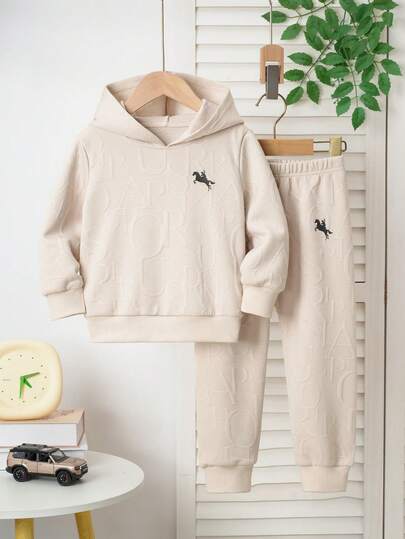 Minimalist Fashion Jacquard Pegasus Pattern Boys Hoodie And Sweatpants Set, Autumn/Winter