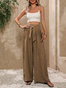 Women's Casual High Waist Wide Leg Pants, Solid Color, Soft Fabric, Elastic Waistband - 卡其色 - 查看 5