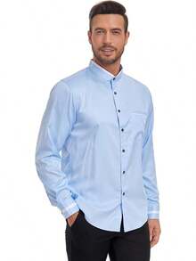 Mandarin Collar Dress Shirt For Men Clergy Shirt Collarless Button Down Business Casual Shirtshalloween - Xanh trắng - Xem 5