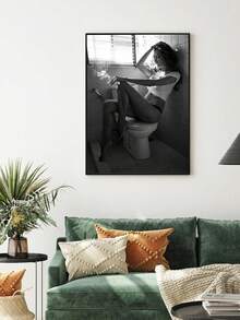 1 pièce Femme dans les toilettes, fumant, peinture noir et blanc, affiche sur canevas créative, art mural sur canevas, peinture murale pour cadeau, chambre, bureau, salon, café, bar, décoration murale, décoration de maison et de dortoir