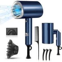 Charlemain Secadora de Cabello de Iónico Negativo, 1800W Secadora de Pelo Profesional con 3 Temperatura Ajustable, Secador de Soplado Plegable con 1 Boquilla de Cabeza Soplado y 1 Difusor (Negro) - Grisb - Ver 9