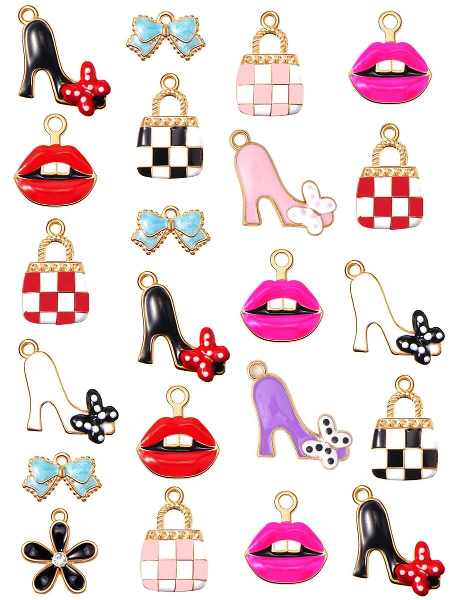 Set da 10/20 pezzi di charm smaltati per bracciali, realizzazione di gioielli da donna, orecchini, rossetti, ciondoli a forma di tacco alto, designer, portafoglio, fiocco, articoli placcati oro per fai-da-te, decorazione di collane e telefoni