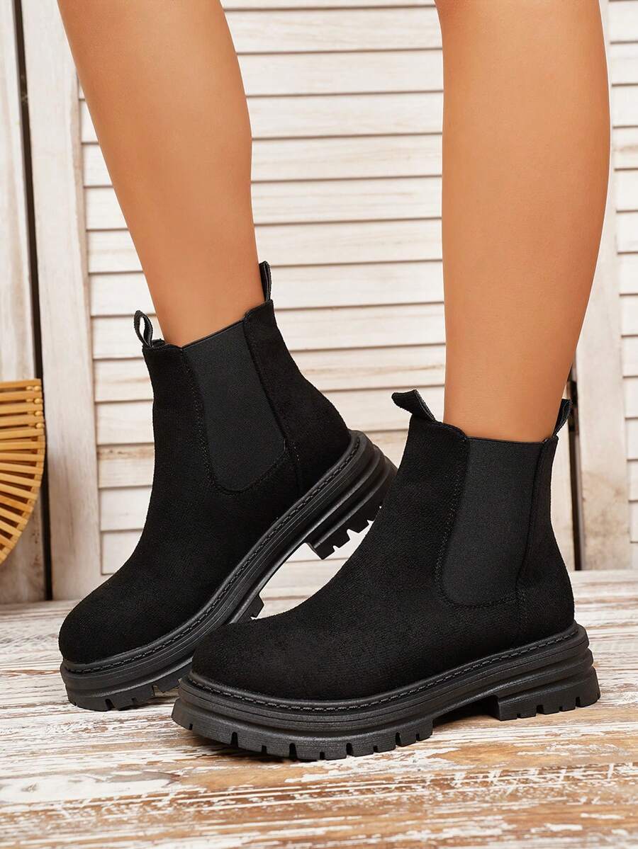 Women's Fashion New Solid Color Thick Sole Non-Slip Slip-On Ankle Boots, For Autumn/Winter - Black - View 1