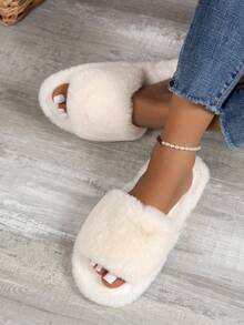 女士优雅秋季拖鞋 - 女士毛绒绑带室内拖鞋，舒适人造毛皮，时尚露趾设计，室内外皆宜，时尚女式拖鞋，居家和休闲外出的完美之选 - 白色 - 查看 5