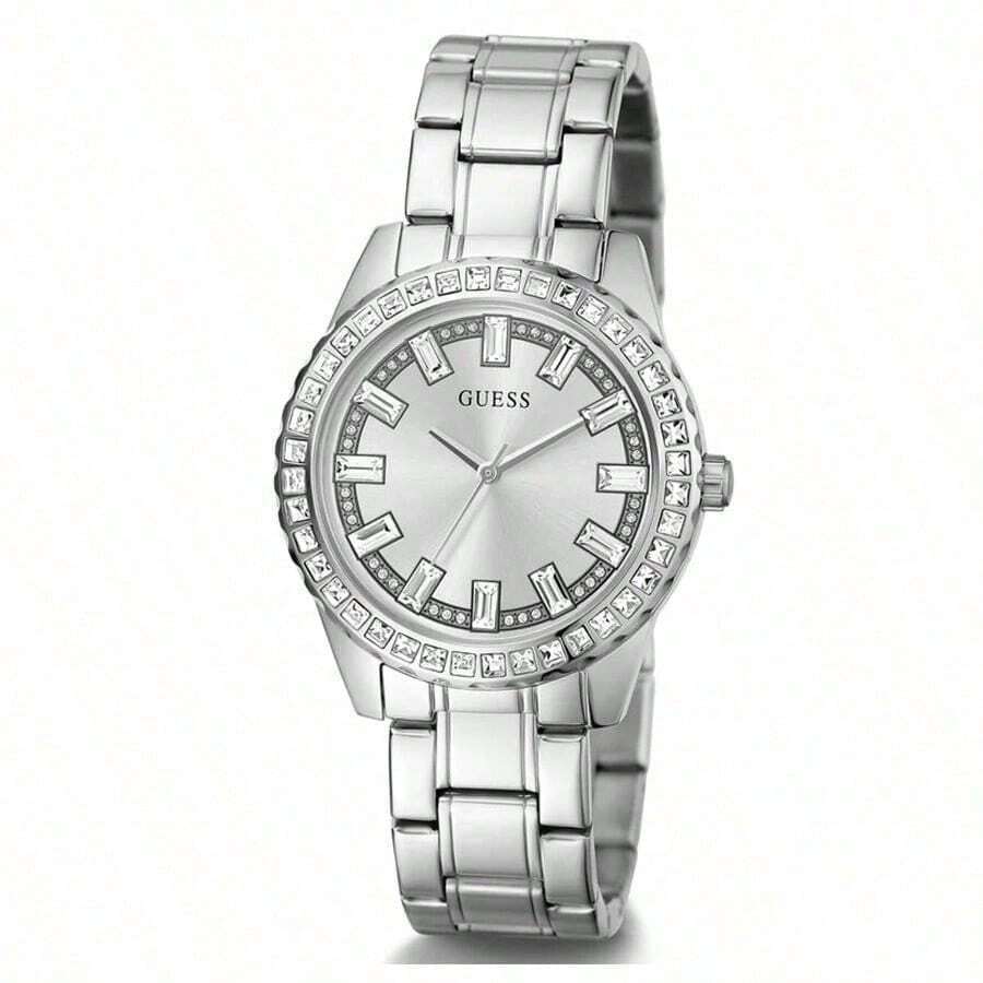 Guess Ceas elegant cu cuarț din oțel inoxidabil Sparkler, cu cristale, în nuanță aurie roz, GW0111L3, potrivit pentru decorul zilnic de afaceri, petrecere, cadou de sărbători pentru femei, prietenă sau mamă, GW0111L1/GW0111L2/GW0111L3/GW0111L4