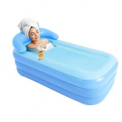 Inflatable Bathtub PVC, Blue Rectangular Freestanding Bathtub - 62.99*33.07*25.2in Foldable Bath Tub. Tub With Ergonomic Backrest & Zipper Cover, For Adults/S, Living Rooms/Bathrooms, <220.46lbs