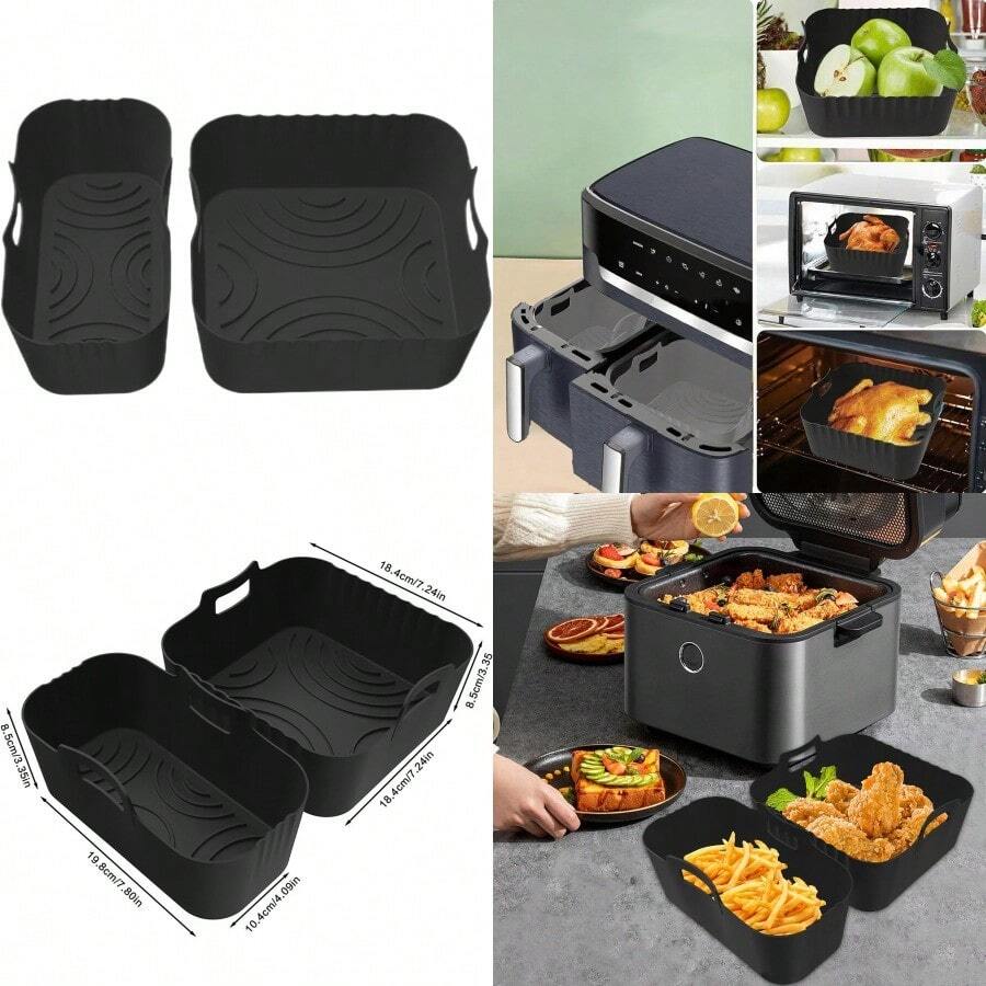 Air Fryer Liners Silicone Basket 2 Pieces NonStick Reusable Steamer Tray with Heat Resistant Design for Cooking Baking Meat Vegetables Snacks Kitchen Restaurant Picnic Outdoor Use - Negro - Ver 1