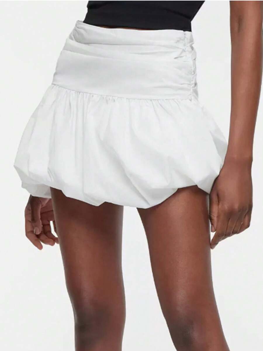 Women Bubble Skirt, High Waist Pleated Solid Summer Mini Skirt Streetwear For Casual Daily - 白色 - 查看 1