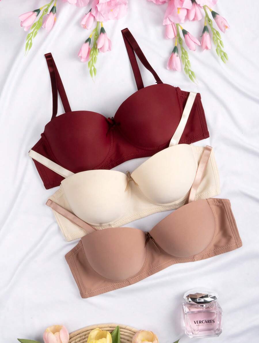 3 Piezas Brasier Premium  Copa C Con  Pushup Sexy Varilla Tirante Ajustable - Rojo - Ver 1