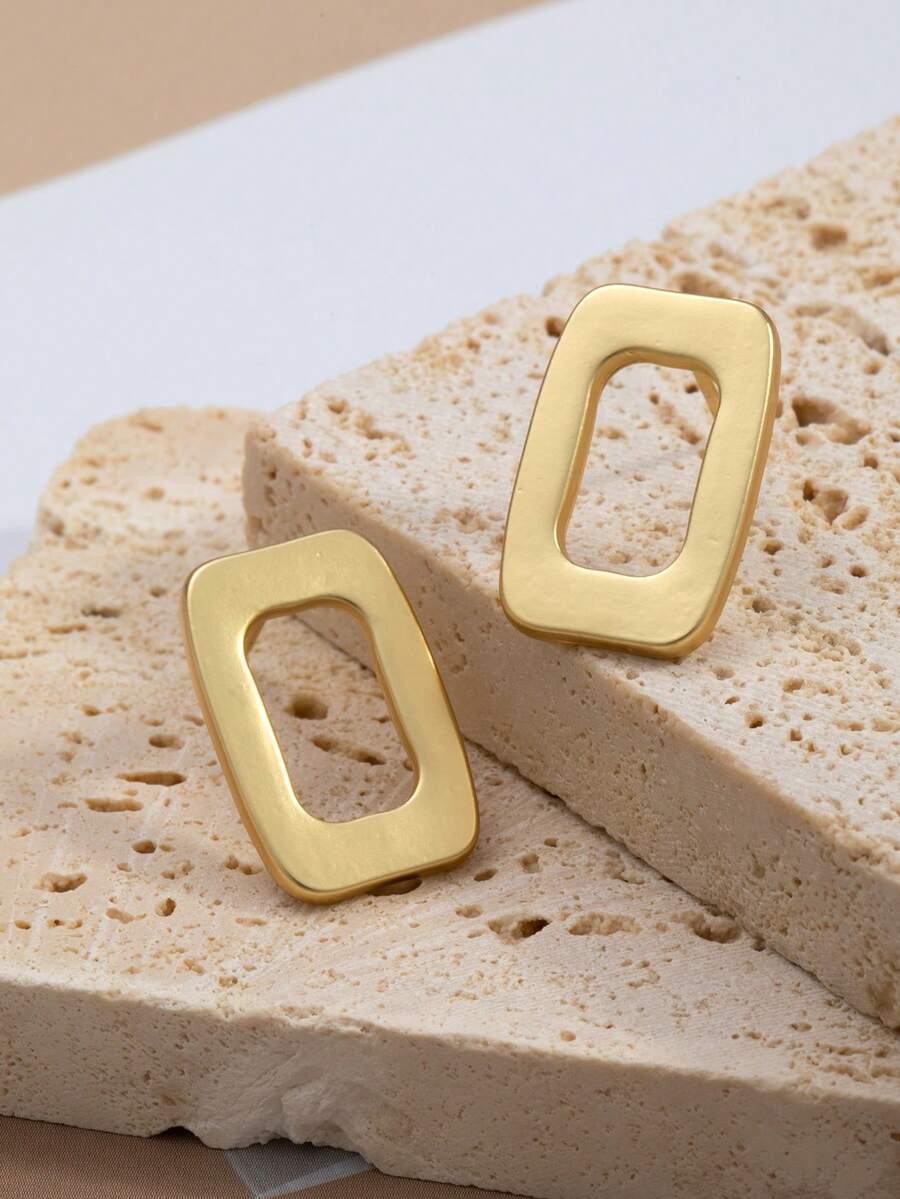 1 par de pendientes minimalistas de metal hueco con diseño geométrico cuadrado, versátiles y de moda para uso diario - Unitalla - Ver 1